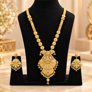 Parure de collier long en laiton et cuivre antique, avec pendentif éventail et boucles d'oreilles, finition or 24K, bijoux de mariage indiens pour femmes - Product Image 1