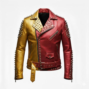 Men’s Gold Red Split Leather Biker <b>Gothic</b> <b>Jacket</b> Dragon Patch Spiked Punk Rock Moto Top Sell - Product Image 1