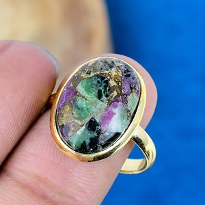 Natural Ruby Zoisite Oval Shape Gemstone <b>Ring</b> 18K Gold Micron Over <b>925</b> Sterling <b>Silver</b> - Product Image 3