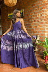 Robe longue en coton tie-dye violet personnalisée pour femme, style bohème, dos smocké, à volants, robe de plage, fabricant de vêtements en gros - Product Image 6