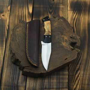 มีดสกินเนอร์ทำมือจากเหล็กกล้าไร้สนิม ใบมีดแบบ Fixed Blade ด้ามไม้  ปลายด้ามทำจากเขาสัตว์สีดำ พร้อมปลอกหนัง-OEM สำหรับกิจกรรมกลางแจ้ง ตั้งแคมป์ และเอาตัวรอด - Product Image 4
