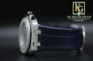 Reloj Mecánico Cronógrafo KG Square Jewels con Caja de 41 mm, Bisel de Diamantes, Correa de Goma Azul, Resistente al Agua, Estilo Hip Hop, Lujoso - Product Image 3