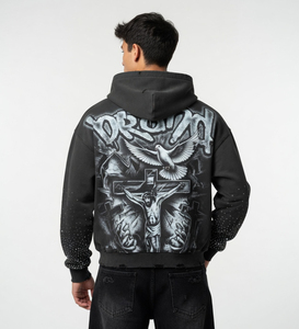 Sudadera con capucha gótica personalizada con cremallera y pedrería, premium, oversize, estilo dark art, streetwear, gráfico, de alto gramaje, marca privada, fabricante OEM - Product Image 6