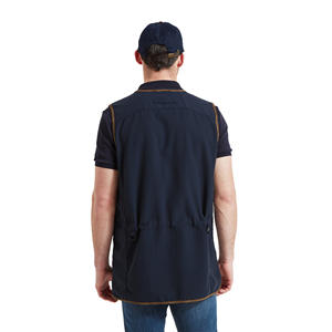 Chaleco de tiro al tirolesa azul marino al por mayor con hombros de gamuza marrón y malla transpirable, chaleco de tiro al lomo de malla con logotipo personalizado para exteriores - Product Image 4