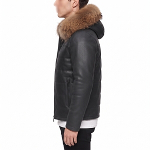<b>Men's</b> Black PU Puffer Jacket With <b>Fur</b> <b>Hood</b> Windproof Winter <b>Coat</b> Casual Quilted Down Filled Regular Fit Zipper Closure - Product Image 3