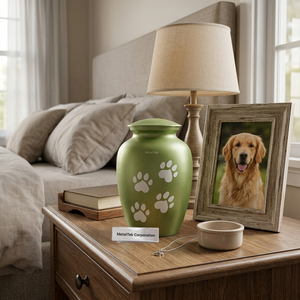 Durable Aluminum Paw Print <b>Pet</b> Urn Handcrafted Metal Keepsake for Dogs Cats Elegant Pea Green Custom Colour Secure Funeral Urns - Product Image 2