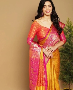 Sari en soie pure Banarasi tissé et orné KV (Jaune) - Product Image 4