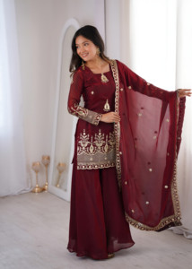 Designer Embroidery Sequence Work Fandy Silk Fully Stitched <b>Top</b> With Sharara Plazzo And Dupatta Ready To Wear - Product Image 6