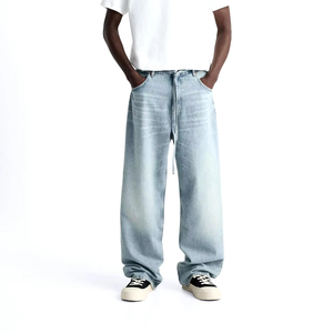 Jean baggy en denim délavé ultra large pour homme, bleu clair, coupe droite, en coton lavé, streetwear épais, grandes tailles - Product Image 4