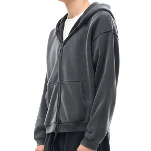 Custom Streetwear Men's <b>Zip</b> up <b>Hoodie</b> Washed <b>Black</b> Vintage Heavyweight Acid Wash Distressed <b>Zip</b> up <b>Hoodie</b> Printing Logo - Product Image 2