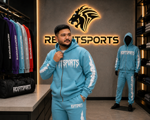 REXFITSPORTS 2026 Survêtement graphique bleu ciel pour homme avec fermeture éclair intégrale, en molleton de coton et polyester 280-300 GSM, personnalisable, style streetwear, comprenant un sweat à capuche et un pantalon de jogging - Product Image 2