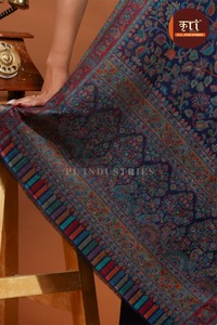 Indigo Floral Paisley Border Pure Wool Solid Color Winter Daily Wear Warming Breathable Shawl <b>Pashmina</b> <b>Scarf</b> for Women - Product Image 2