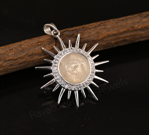 <b>Solid</b> 925 <b>Silver</b> Moonstone Gemstone Bezel Setting 10mm Round Sunburst Style Charm Pendant With Pave CZ For Unisex Find Jewelry - Product Image 1