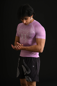 T-shirt de compression rose pour homme, imprimé dragon blanc, col rond, manches courtes, séchage rapide, coupe régulière, sublimation, sportif - Product Image 2
