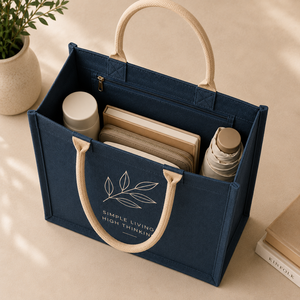 Navy Blue Cotton Canvas Tote Bag Minimalist Leaf Print Simple Living High <b>Thinking</b> Twisted Rope Handles Everyday Carry - Product Image 5