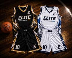<b>Elite</b> Sportswear Hub Sublimated Basketball Jersey Set Black White V-Neck Sleeveless Moisture Wicking Adult Unisex Uniforms - Product Image 1