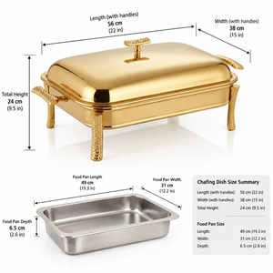 Luxury Rectangular Gold Chafing Dish Buffet Server with Textured Handles and Feet Premium Catering <b>Food</b> <b>Warmer</b> <b>Tray</b> Lid - Product Image 5