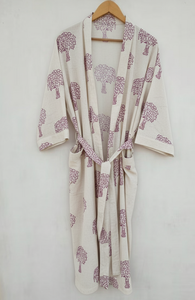 Peignoir Kimono de Luxe 100% Coton Tissé Imprimé à la Main Motifs Floraux Indiens, Vêtement de Bain, Vêtement de Nuit, Chemise de Nuit à Manches Longues Printemps Automne - Product Image 3