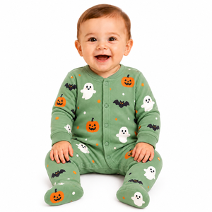Combinaison pour bébé vert sauge Halloween, imprimé fantôme, citrouille, chauve-souris, manches longues, boutons sur le devant, vêtements de nuit une pièce pour nourrissons et tout-petits, unisexe - Product Image 1