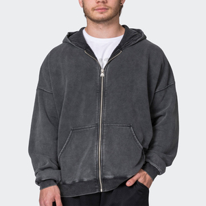 Custom Oversized Faded Distressed <b>Black</b> Heavy Out Old <b>Zip</b> <b>up</b> Pullover 100% Cotton Men Vintage Acid Mineral Stone Wash <b>Hoodie</b> - Product Image 1