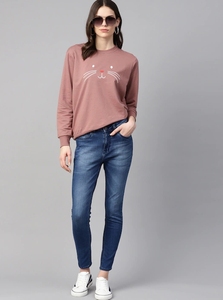 เสื้อสเวตเชิ้ตผู้หญิงสีชมพูปักลายหน้าแมว คอกลม แขนยาว สไตล์ลำลอง ผ้าถัก ระบายอากาศได้ดี เหมาะสำหรับใส่ในฤดูใบไม้ร่วง - Product Image 2