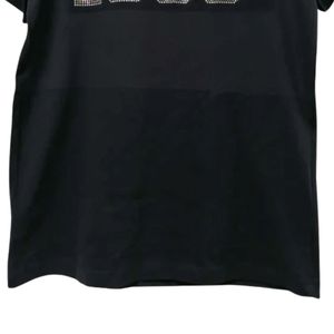 Women Black Rhinestone Graphic T Shirt Short Sleeve Cotton Casual <b>Top</b> Bling Letter Design Fashion Daily Wear Stylish Apparel - Product Image 2