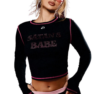 Luxury Style Women Pink Rhinestone Graphic Crop Top Custom Y2K Slim Fit Long Sleeve Streetwear shirt Women's Shirts Supplier USA - Product Image 3