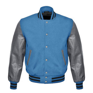 Men's Blue Varsity Jacket With Gray Leather Sleeves Stand Collar Casual Autumn Wear - Product Image 4