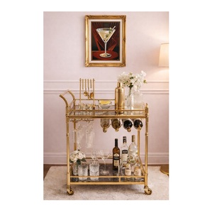 Premium Royal Gold <b>Serving</b> Cart on Wheels Multi Level Metal Beverage Utility <b>Trolley</b> with Stemware Glass Holders - Product Image 2
