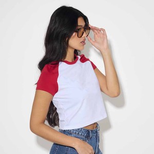 Women's White <b>Red</b> Raglan Sleeve <b>Crop</b> <b>Top</b> T-Shirt Crew Neck Short Sleeve Casual Spring Summer 100% Cotton Jersey Slim Fit - Product Image 2