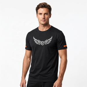 T-shirt noir à manches courtes pour homme avec logo blanc et manches orange, coupe classique, jersey décontracté, tricoté, respirant - Product Image 5