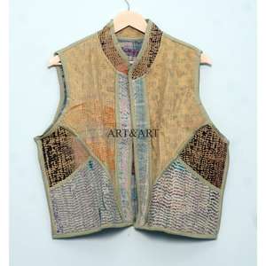 Gilet sans manches en coton 100% pour femme, tricoté à la main, écologique, respirant, séchage rapide, style vintage Kantha, col en V, automne - Product Image 6