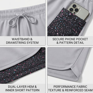 Shorts Deportivos 2 en 1 para Mujer con Bolsillo para Teléfono, Cintura con Cordón Ajustable, Absorbentes de Sudor y Ajuste Delgado, Impresión por Sublimación Personalizada - Product Image 6