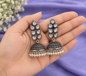 White Brass Zircon Oxidized Jhumka Drop <b>Earrings</b> Antique <b>Silver</b> Pearl Boho Wedding Jewelry Bulk Supplier - Product Image 4