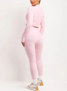Women's Solid Pink 3-Piece Zip-Up Sports Jacket Bralette Seamless <b>Leggings</b> Set Four-Way Stretch Breathable Fabric for Workout - Product Image 6