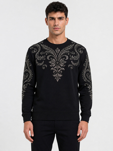 Sweat-shirt à col rond pour homme, brodé de strass, coupe classique, motif cachemire, noir, pull tricoté décontracté, sweat-shirt à strass - Product Image 1