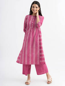 Pink Striped Dot A-Line Midi <b>Dress</b> With <b>Short</b> Sleeves Crew Neck Loose Fit Casual <b>Summer</b> Wear Woven Cotton Fabric Beautiful - Product Image 1