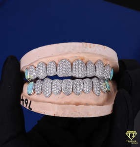 Custom Fit Pave Setting Grillz with Multi Colored Opal Moissanite and <b>Diamonds</b> 925 Sterling <b>Silver</b> Iced Out <b>Teeth</b> Jewelry - Product Image 4