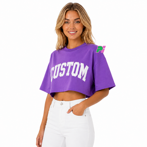 Camiseta Corta Morada para Mujer, con Estampado de Letras Personalizado, Cuello Redondo, Manga Corta, Corte Holgado, Informal, Primavera Verano, 100% Algodón - Product Image 4