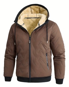 Veste d'hiver décontractée pour homme, à capuche, épaisse, doublée de polaire, à motif animalier uni, avec fermeture éclair - Product Image 1