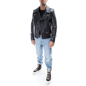 Blouson moto homme en cuir PU noir gaufré crocodile, coupe ajustée, col rabattable, fermeture éclair, manches classiques, style automne - Product Image 4