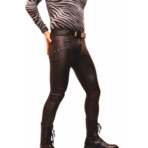 Pantalon en cuir noir pour homme, taille haute, coupe droite, style motard, avec poches, fermeture boutonnée, pour l'hiver - Product Image 6
