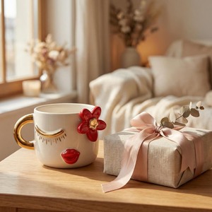 Mug en céramique tendance avec lèvres de fleur rouge et design cils dorés – Tasse à café fantaisie, cadeau original - Product Image 4