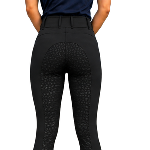 Leggings de equitación negros personalizados para mujer, de cintura alta, elásticos, con tela texturizada y diseño de bolsillo frontal. - Product Image 6