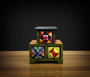 Mini armoire à tiroirs en bois artisanale avec tiroirs en céramique |   Organisateur de rangement peint pour la décoration intérieure - Product Image 4