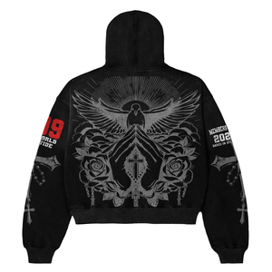 Sweat à capuche zippé noir vintage pour homme, coupe oversize, style streetwear, motif imprimé ailes d'ange et croix, collection automne 2026 Members Club - Product Image 3