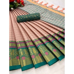 Sari en coton et soie Pure Aura avec bordure jacquard contrastée large et chemisier non cousu - Product Image 1