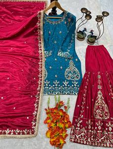 Ensemble Sharara de créateur pour femme avec dupatta – Robe ethnique de soirée richement brodée - Product Image 3