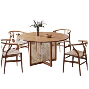 Ensemble de table à manger ronde en rotin de style japonais, meubles de salle à manger en bois pour 4 personnes, utilisation intérieure/extérieure, restaurant. - Product Image 2