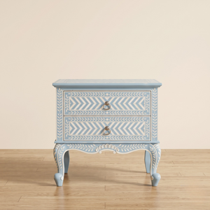 Handmade Bone Inlay Light <b>Blue</b> 2 Drawer Nightstand Floral <b>Bedside</b> <b>Table</b> Handmade Bone Inlay Furniture for Bedroom - Product Image 1